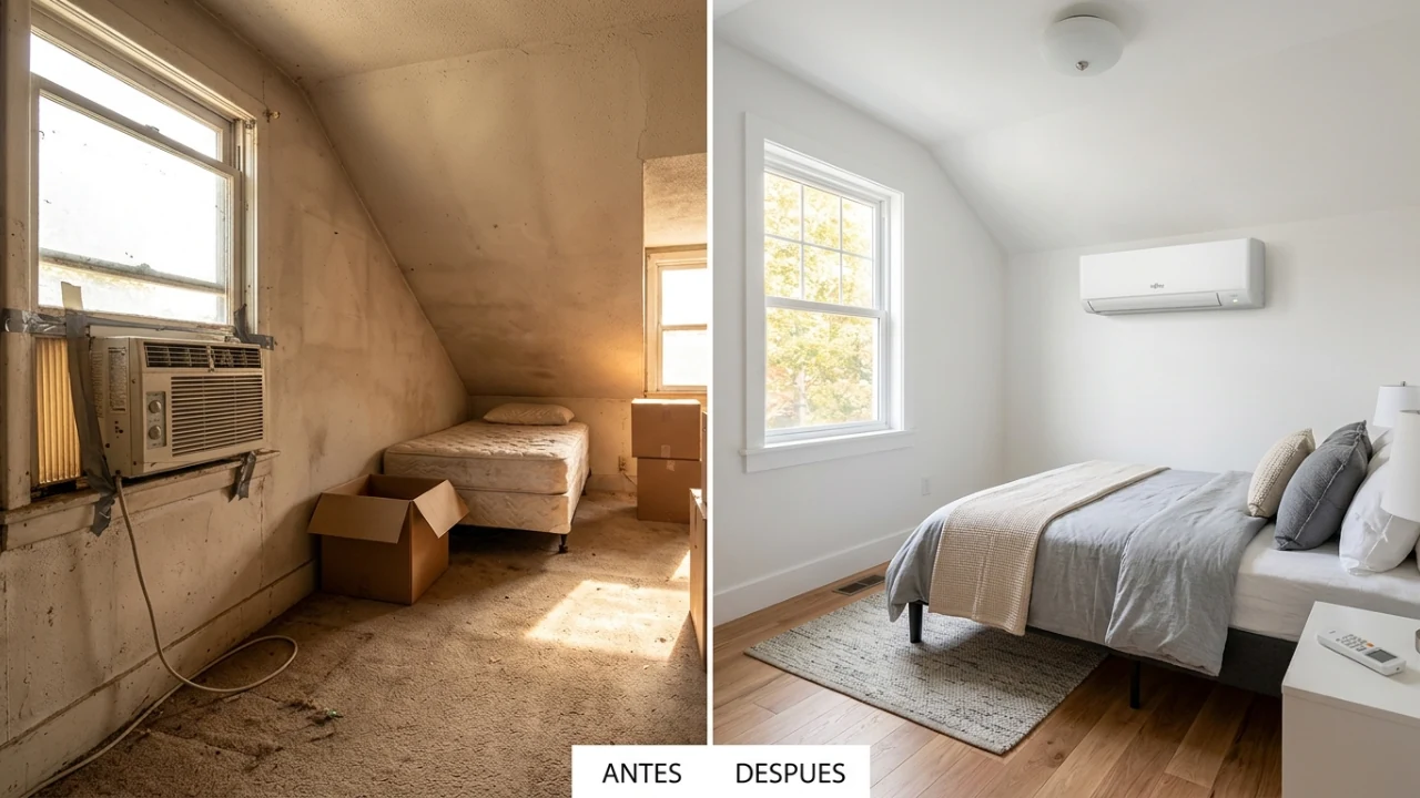 Antes y después de una habitación renovada con aire acondicionado tipo split