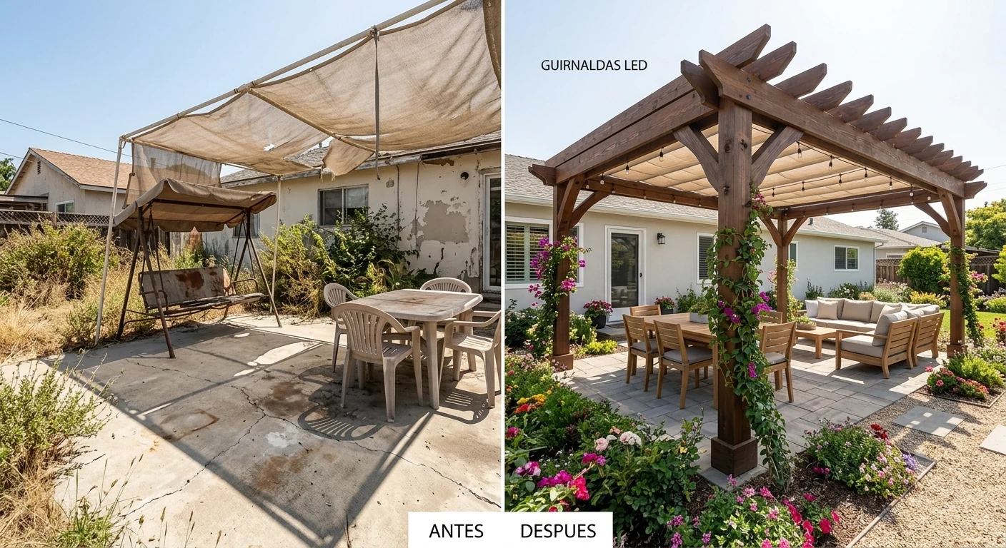 Antes y después de una terraza transformada con pérgola de madera