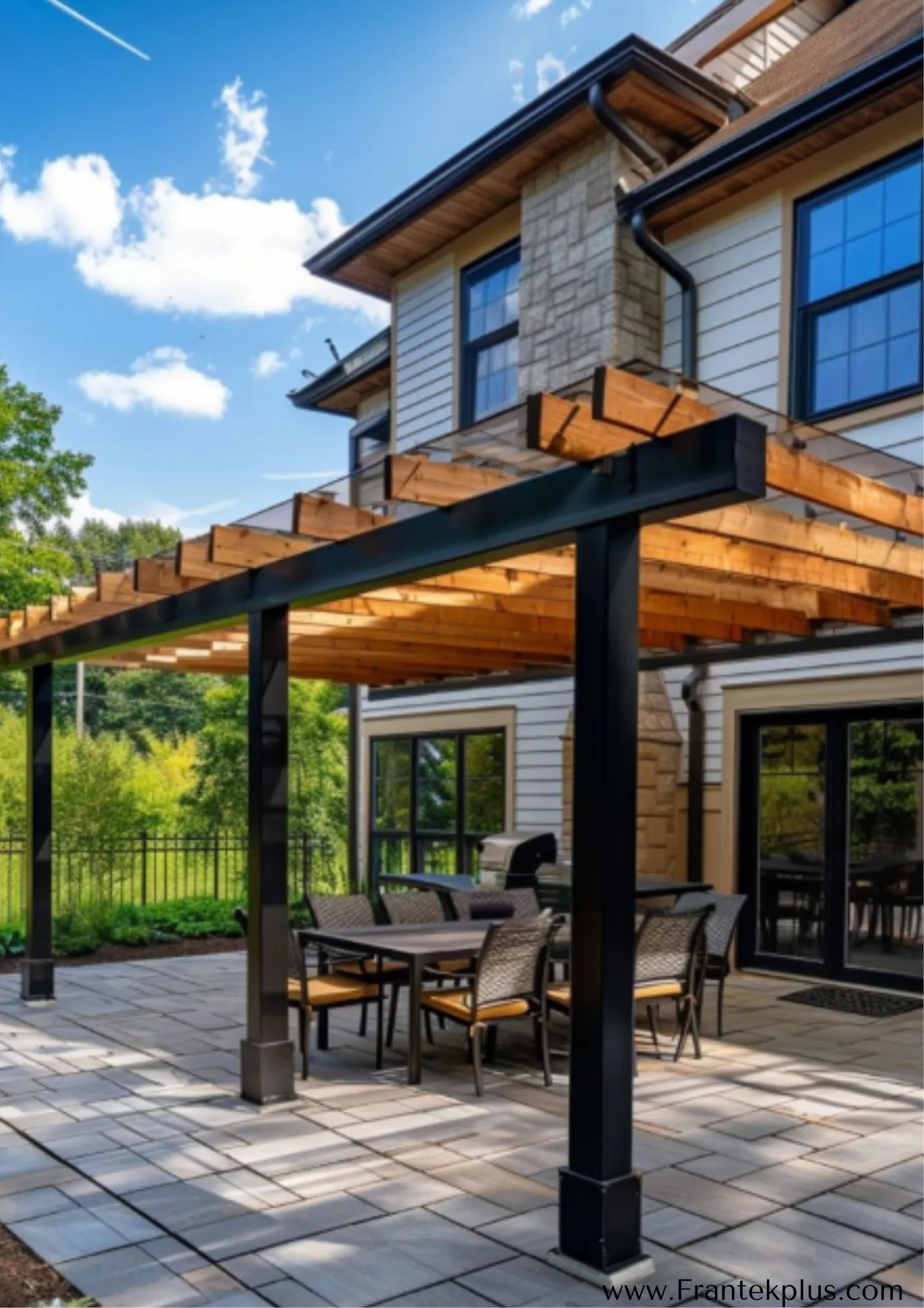 Pérgola residencial de madera y estructura metálica