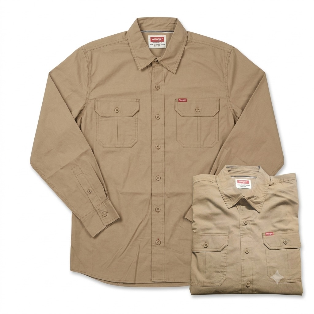 Camisa khaki de trabajo con manga larga y doble bolsillo