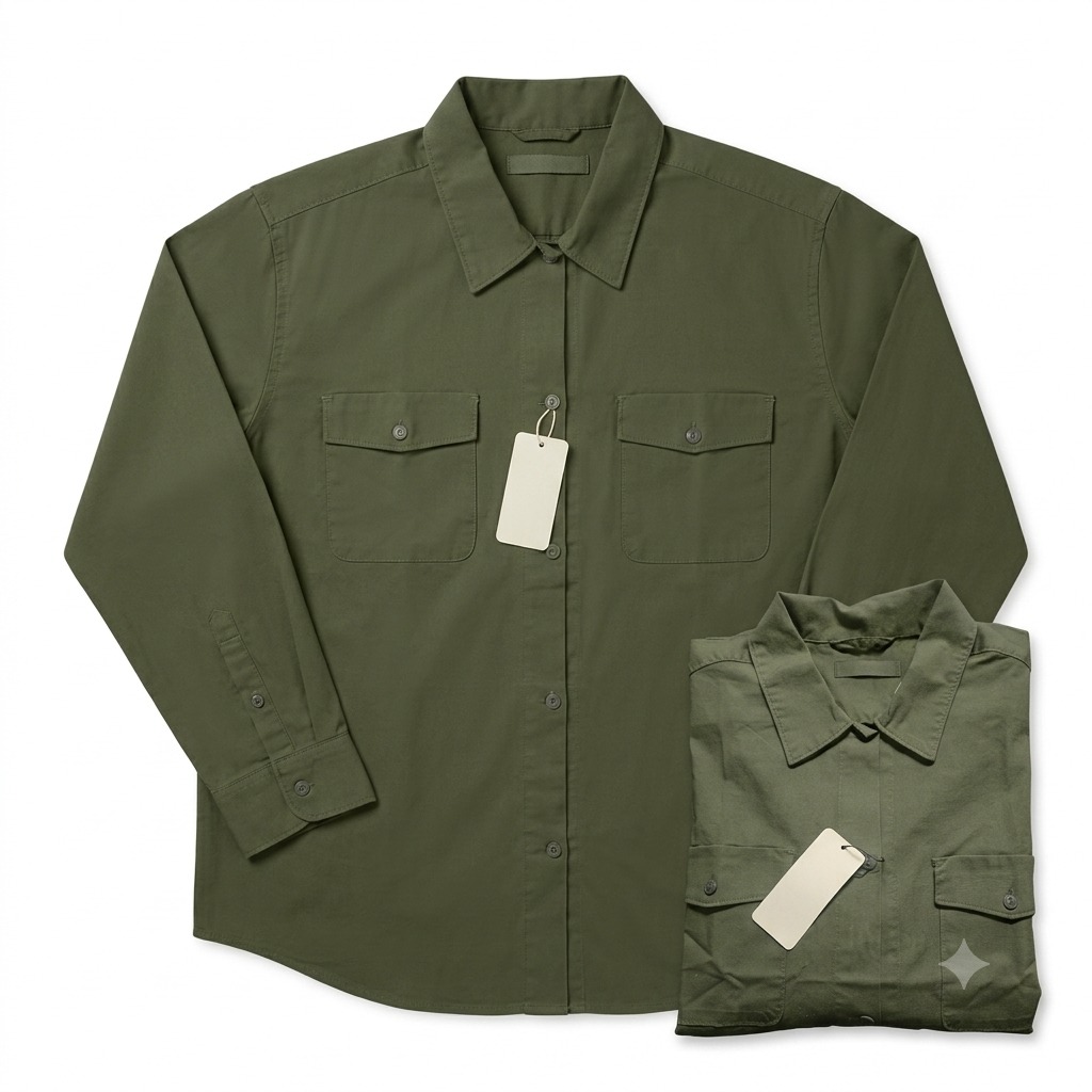 Camisa verde de trabajo extendida y doblada