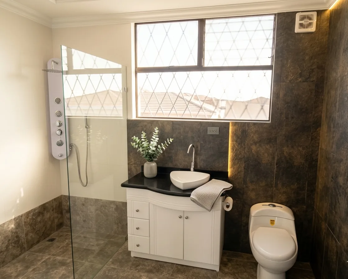 Baño remodelado con ducha, grifería y acabados modernos